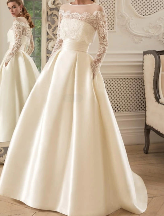DingJiDress Engagement Vintage 1940s / 1950s Formal Wedding Dresses A-Line Illusion Neck Long Sleeve Floor Length Satin Bridal Gowns With Pleats Beading