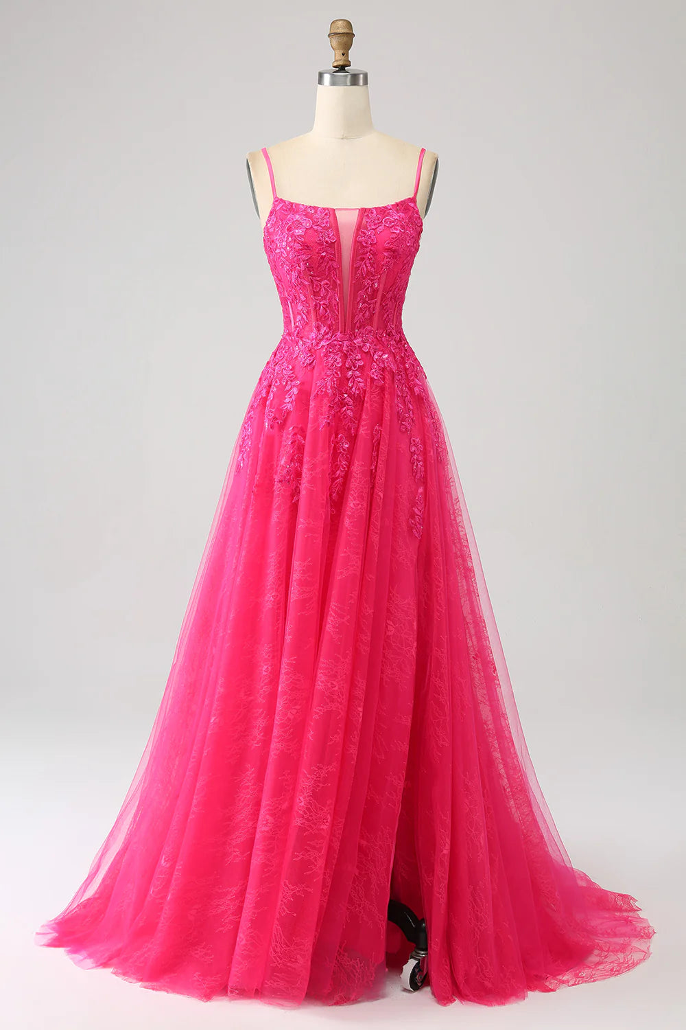 DingJiDress Fuchsia A-Line Corset Lace Long Prom Dress with Slit