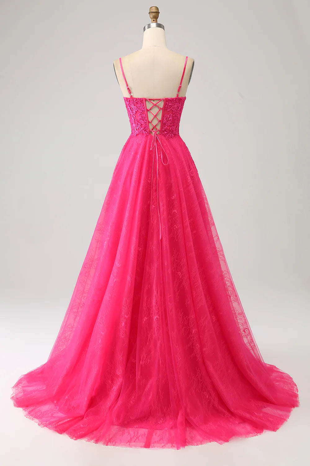 DingJiDress Fuchsia A-Line Corset Lace Long Prom Dress with Slit