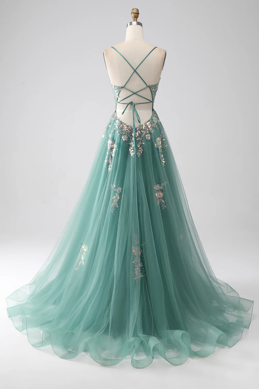 DingJiDress Green A-Line Spaghetti Straps Long Prom Dress With Sparkly Sequin Appliques