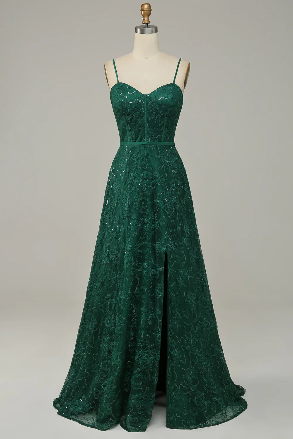 DingJiDress Dark Green Lace Spaghetti Straps Corset Prom Dress