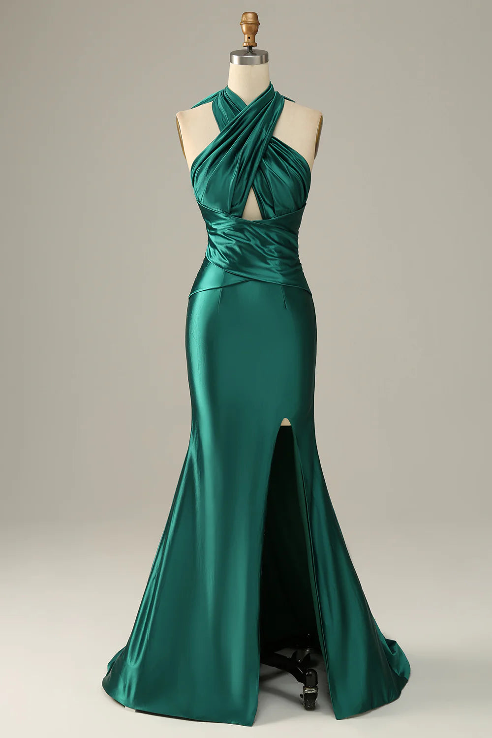 DingJiDress Dark Green Halter Lace Up Mermaid Prom Dress With Slit
