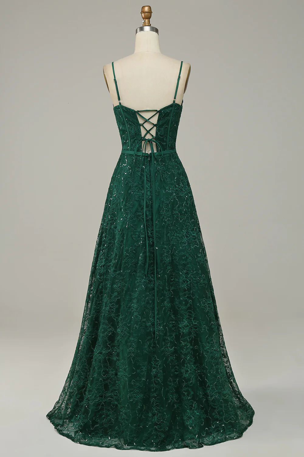 DingJiDress Dark Green Lace Spaghetti Straps Corset Prom Dress