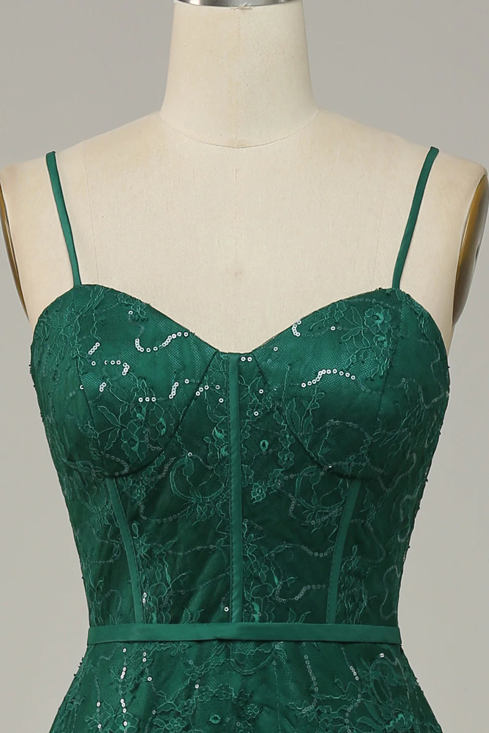 DingJiDress Dark Green Lace Spaghetti Straps Corset Prom Dress