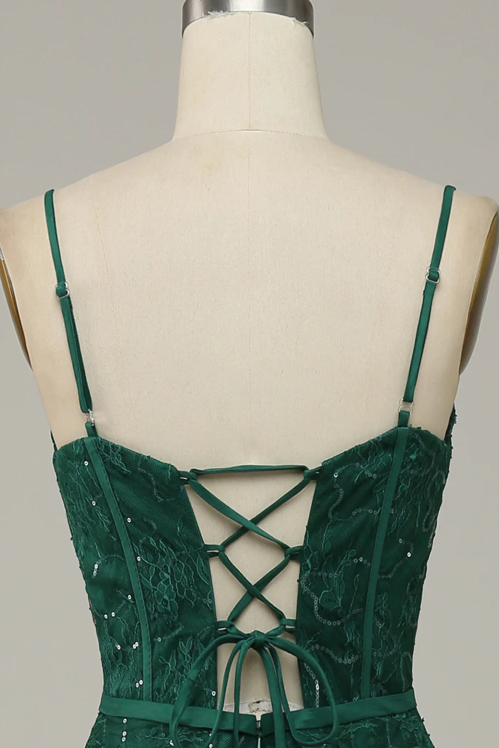 DingJiDress Dark Green Lace Spaghetti Straps Corset Prom Dress