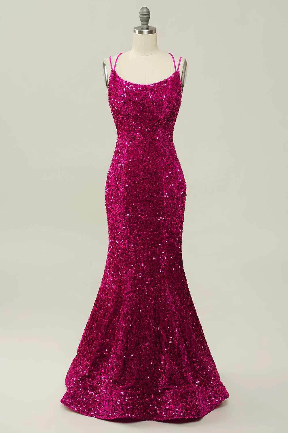 DingJiDress  Hot Pink Sequin Spaghetti Straps Mermaid Prom Dress with Lace-up Back