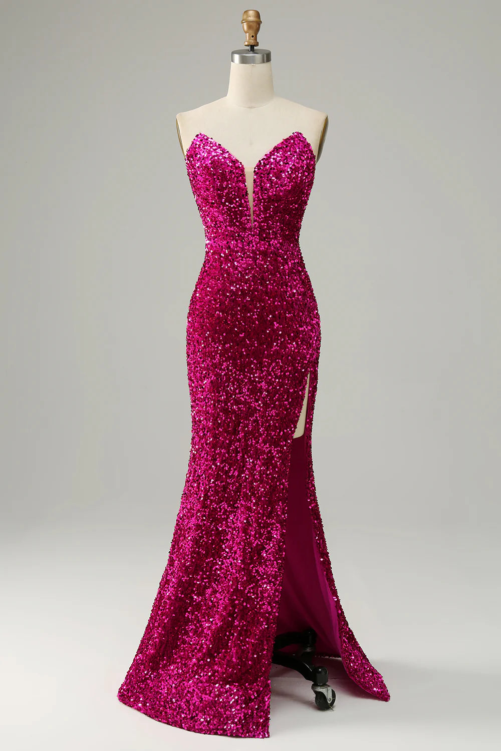 DingJiDress Hot Pink Strapless Sequin Prom Dress with Slit