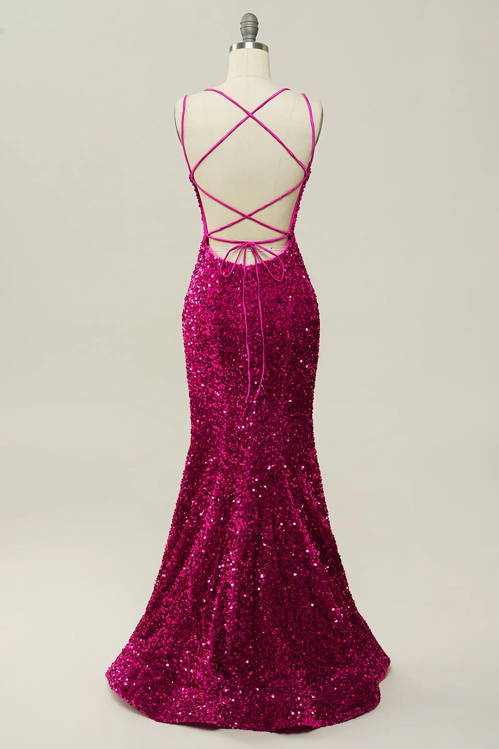 DingJiDress  Hot Pink Sequin Spaghetti Straps Mermaid Prom Dress with Lace-up Back
