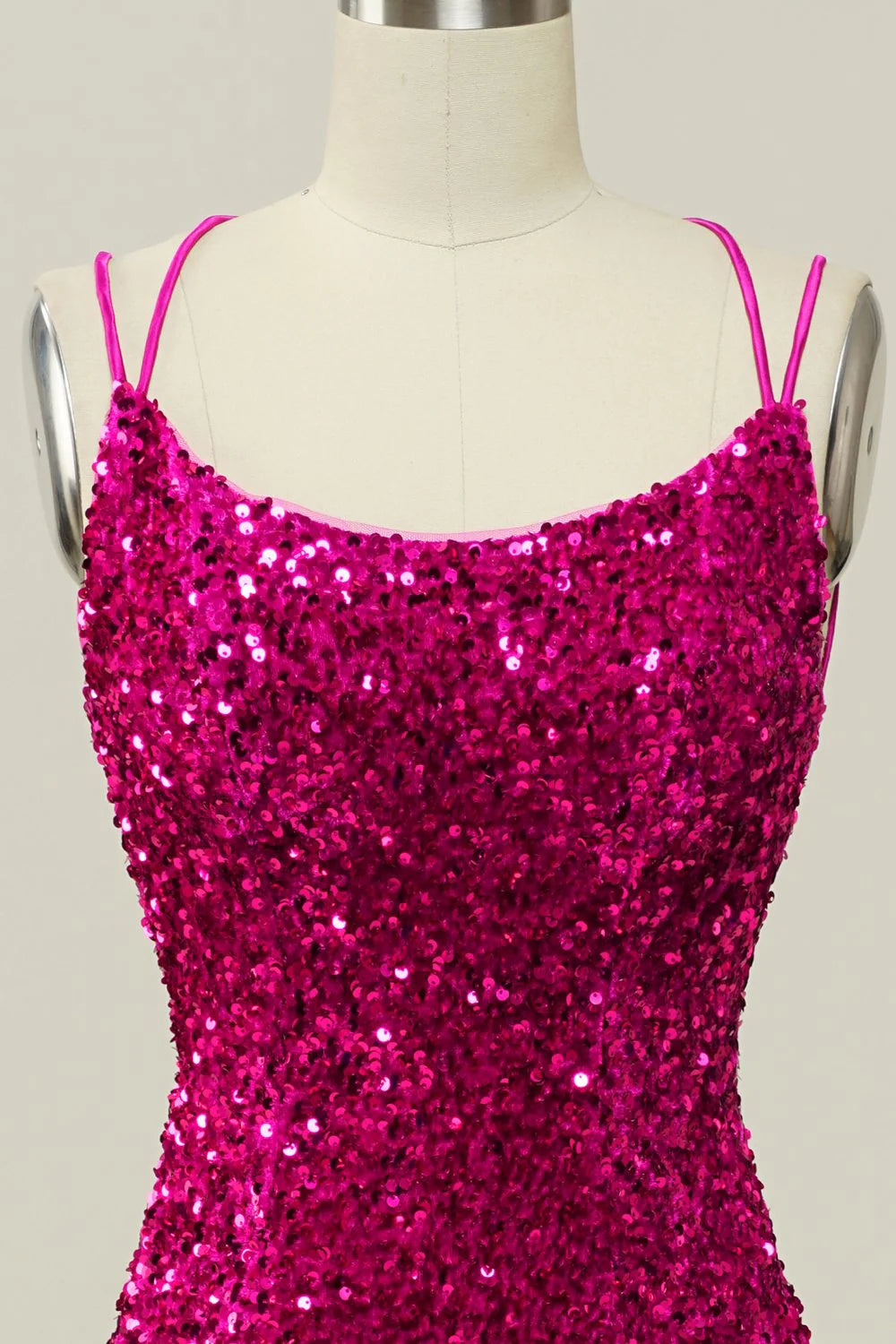 DingJiDress  Hot Pink Sequin Spaghetti Straps Mermaid Prom Dress with Lace-up Back