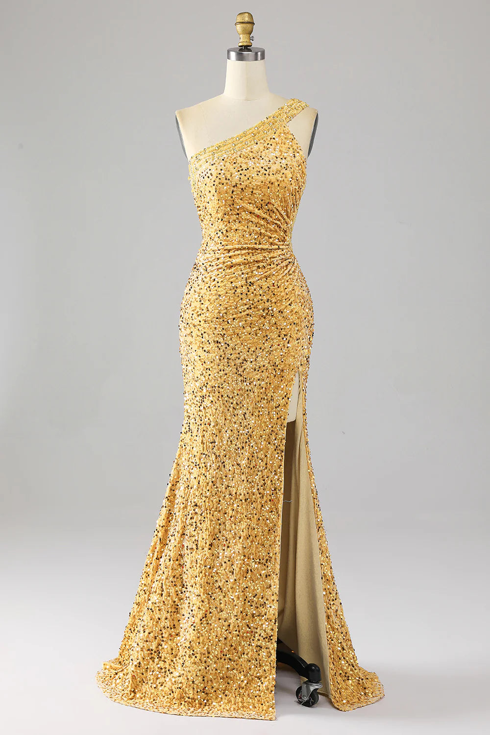 DingJiDress Mermaid Sequins One Shoulder Golden Prom Dress with Slit