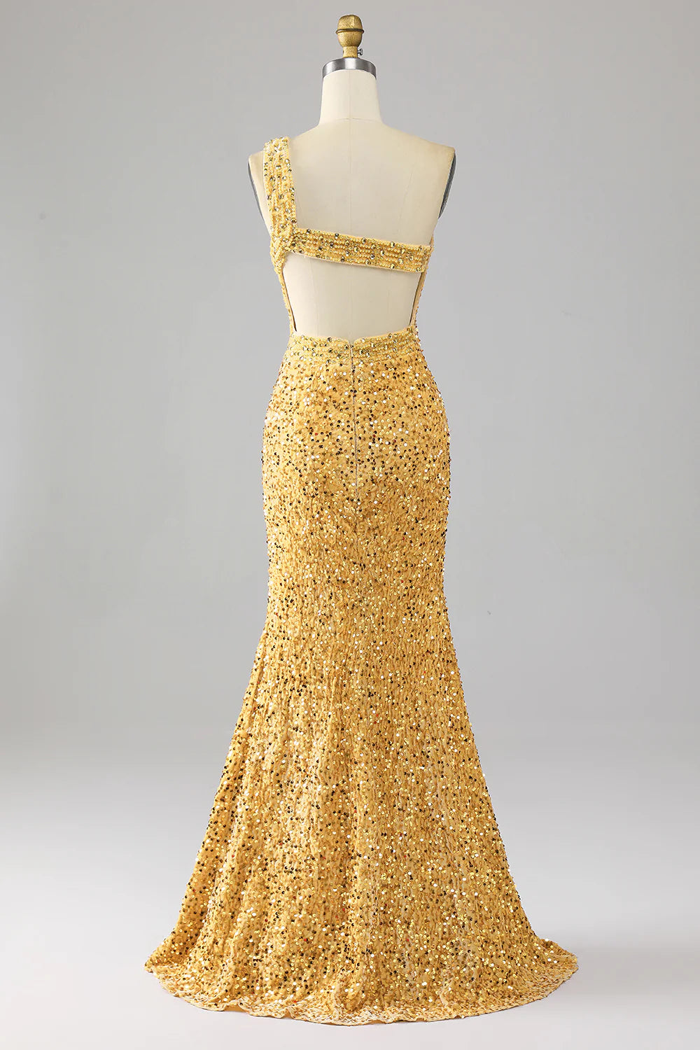 DingJiDress Mermaid Sequins One Shoulder Golden Prom Dress with Slit