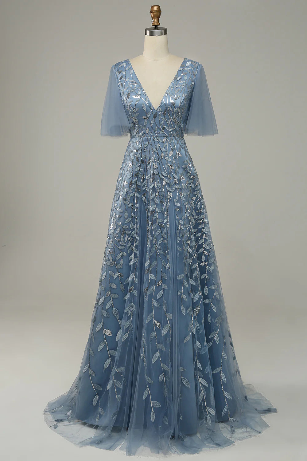 DingJiDress Grey Blue Tulle Embroidered Leaves Prom Dress