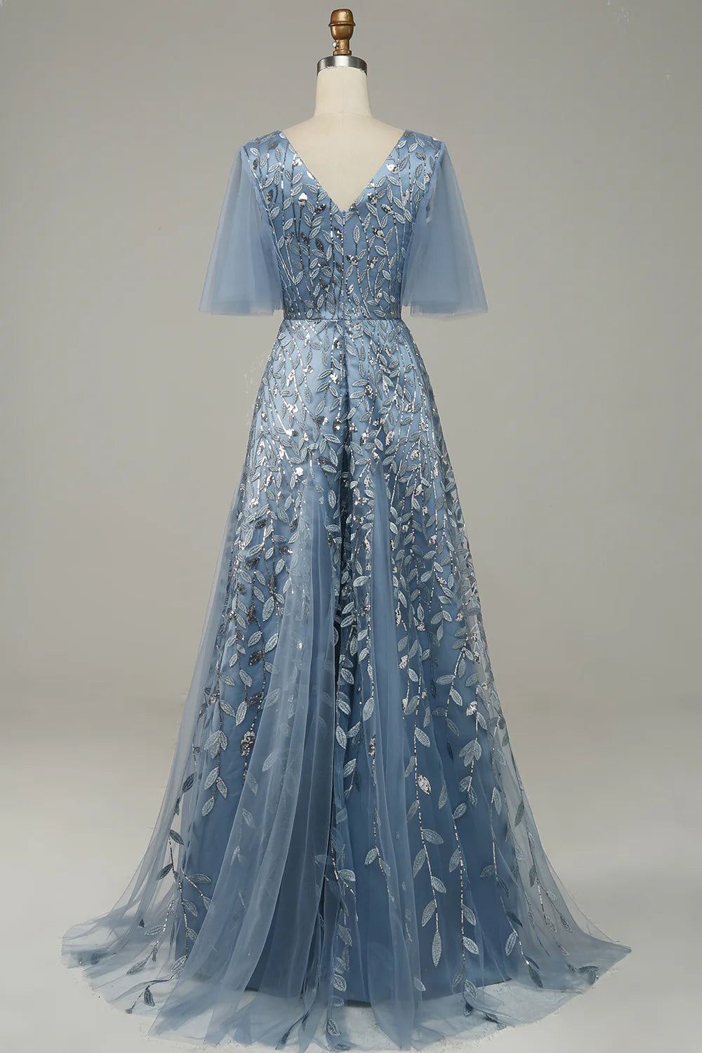 DingJiDress Grey Blue Tulle Embroidered Leaves Prom Dress