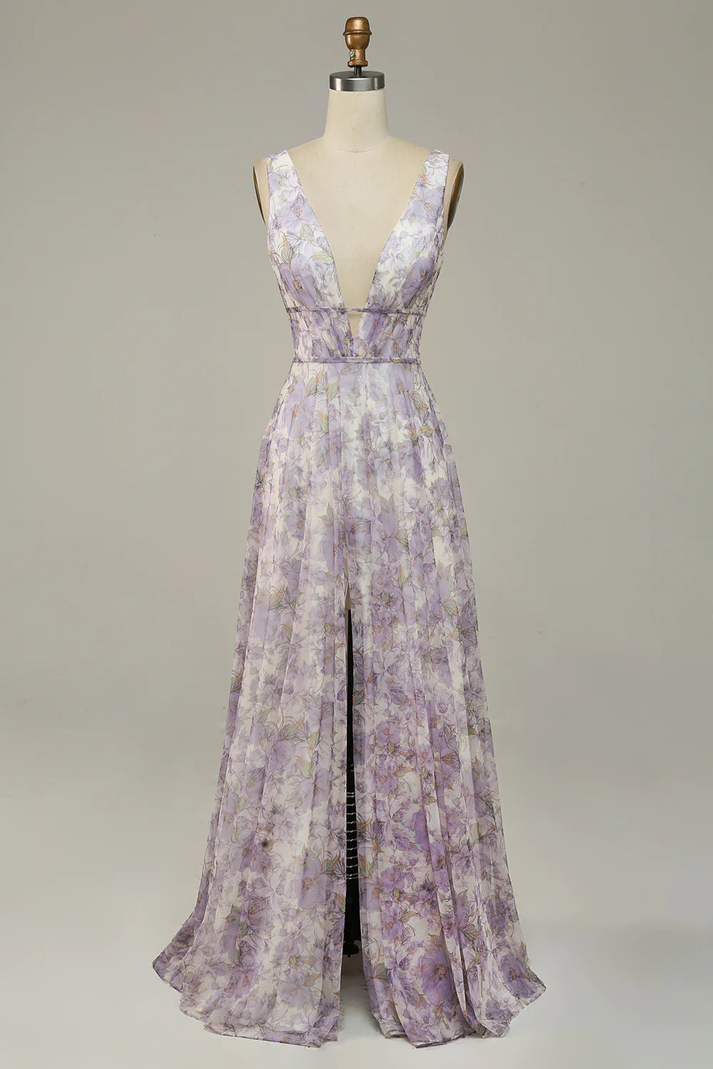 DingJiDress Iovry Purple Printed V-Neck Prom Dress With Slit