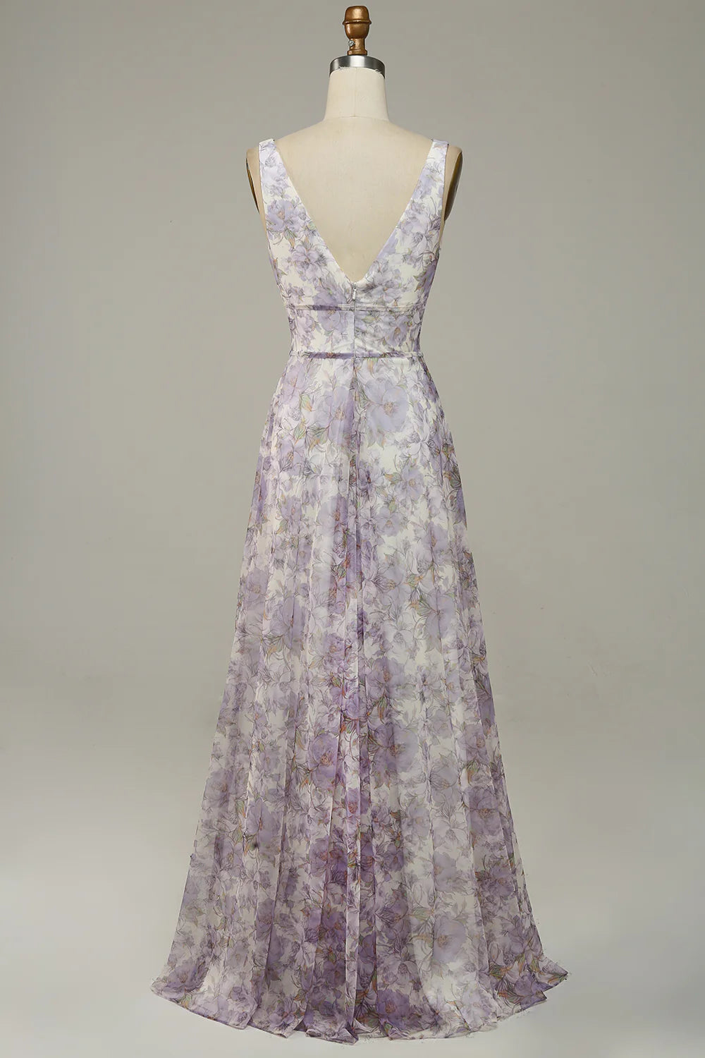 DingJiDress Iovry Purple Printed V-Neck Prom Dress With Slit