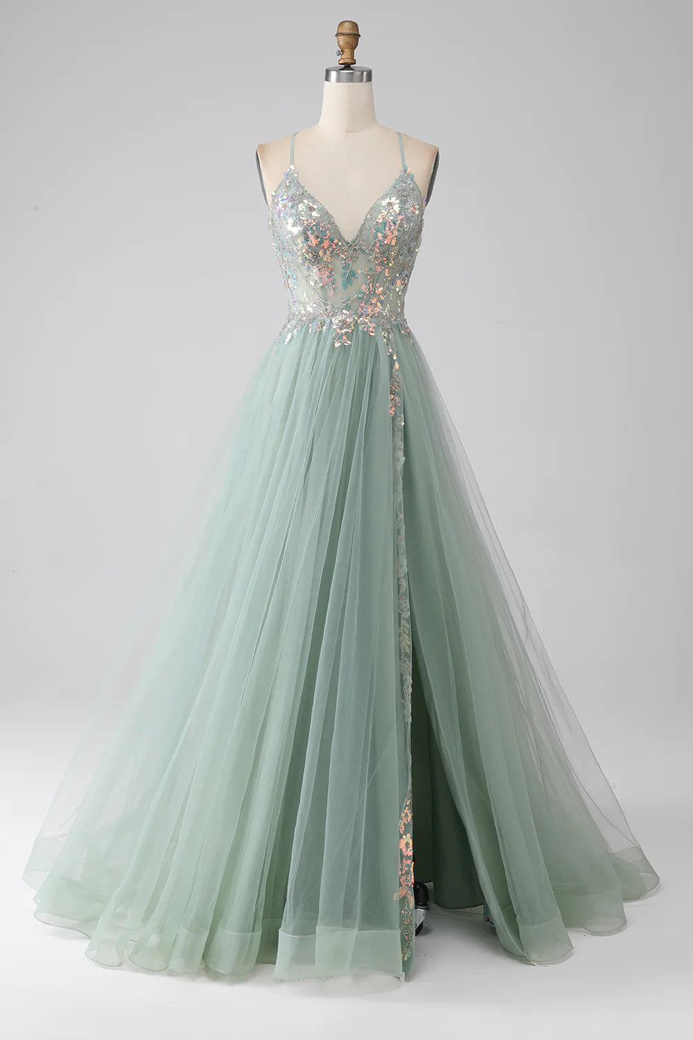 DingJiDress A-Line Beaded Light Green Prom Dress with Slit