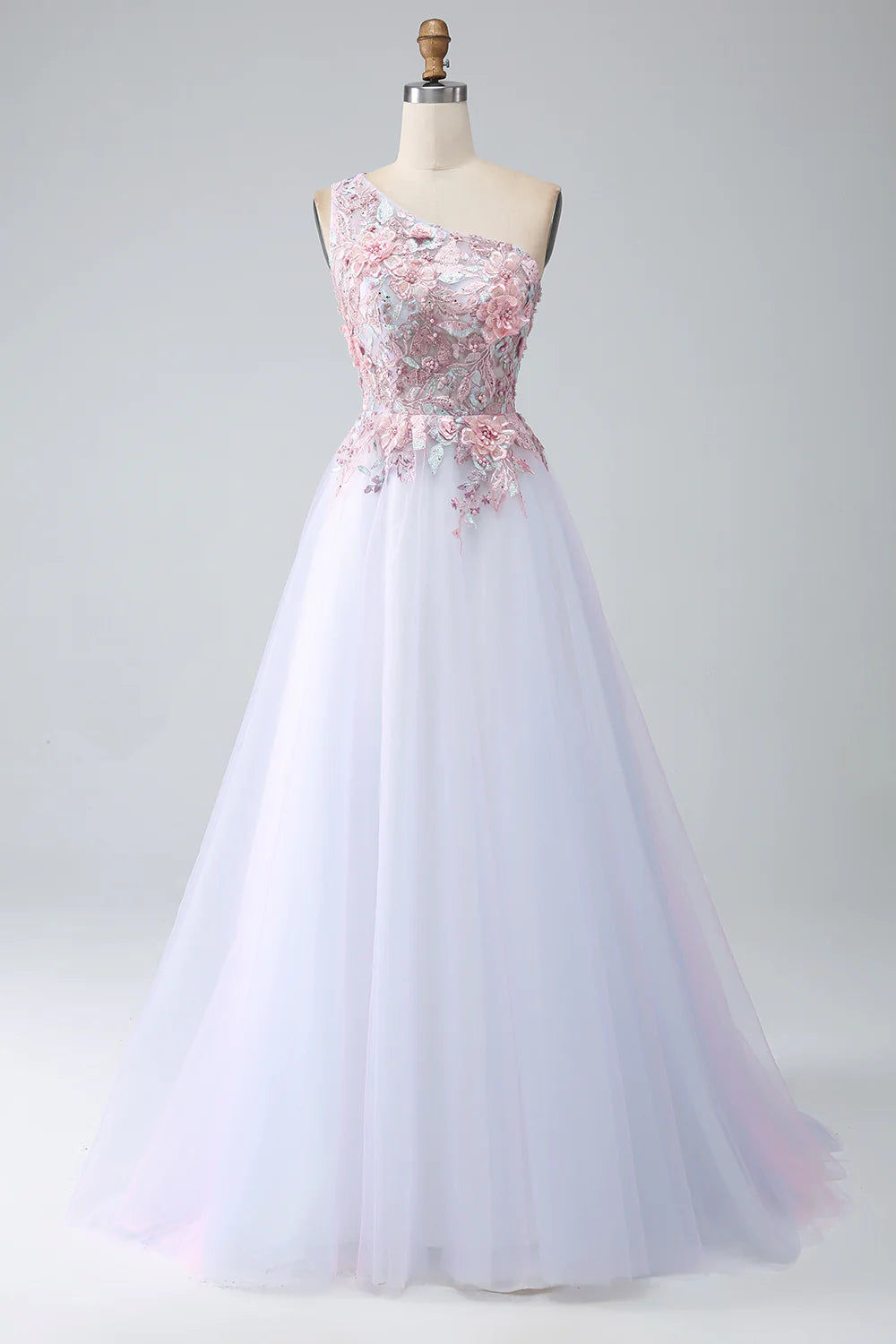 DingJiDress A-Line One Shoulder Pink Prom Dress with Appliques