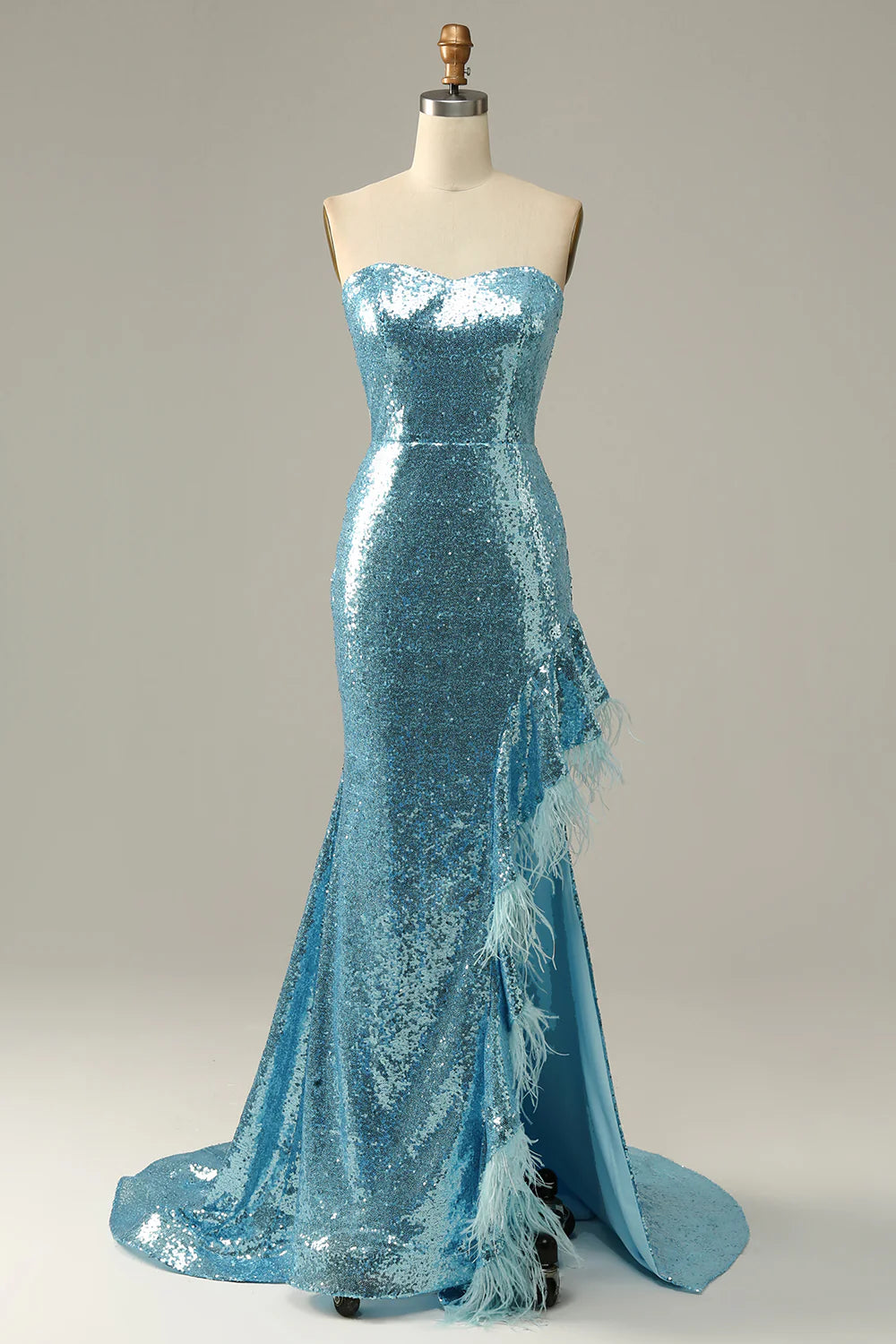 DingJiDress Sky Blue Sweetheart Sequined Mermaid Prom Dress With Feathers