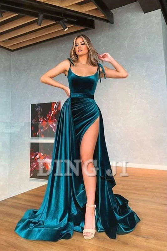 DingJiDress Gorgeous Evening Dress Spaghetti Strap Charming Scoop Neck Velvet Long Side Fork Sweep Train Elegant Formal Wear Dresses Wedding Guest Dresses
