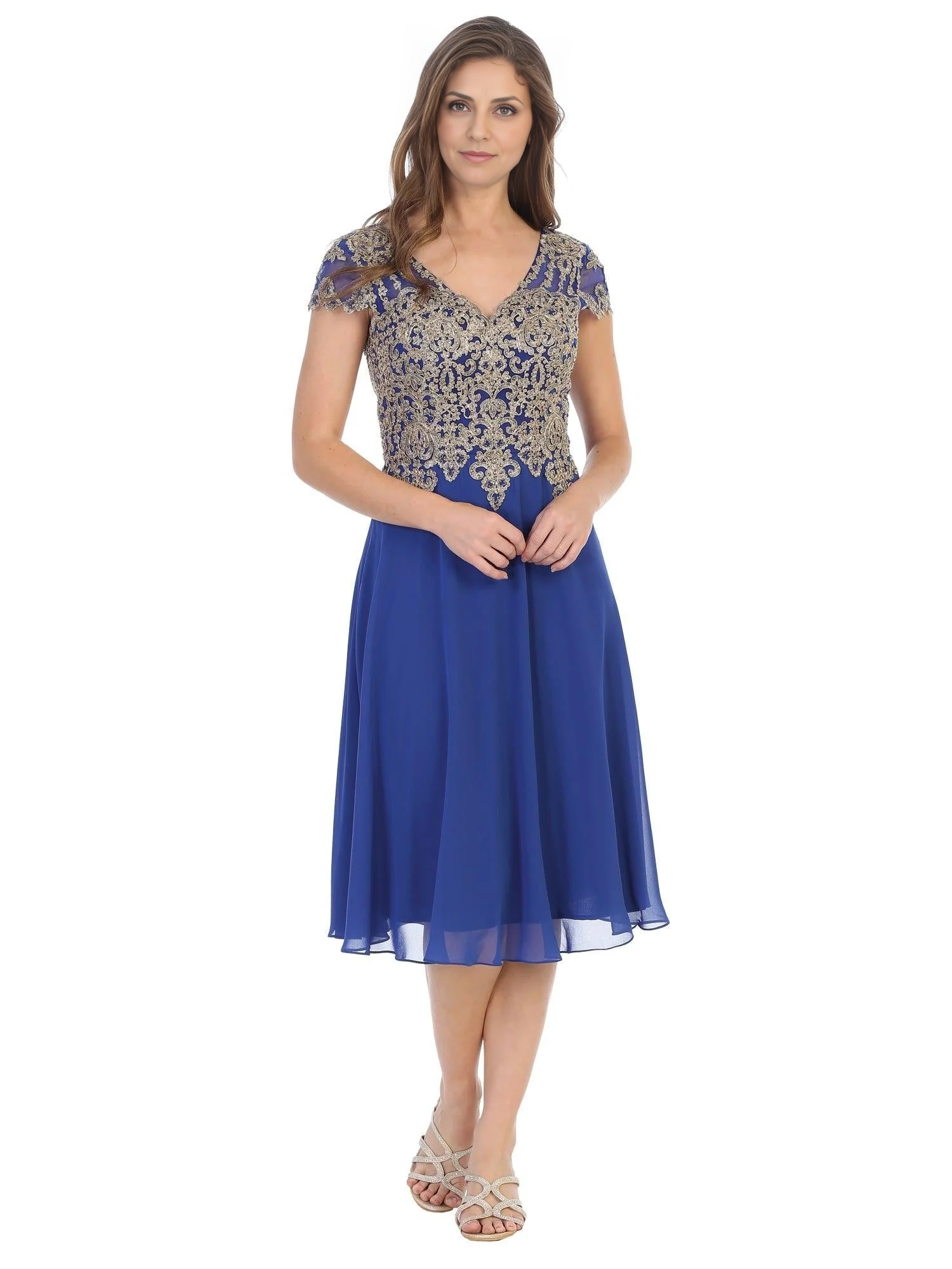DingJiDress Evening Dress Elegant V Neck Lace Applique Tea-Length Mother Of The Bride Dress