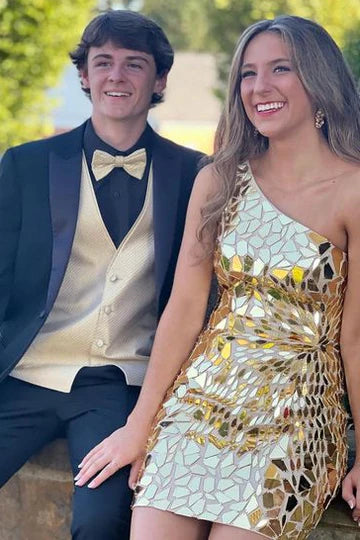 DingJiDress Mini Homecoming Dress One-Shoulder Red Cut Glass Mirror Fitted Graduation Dresses