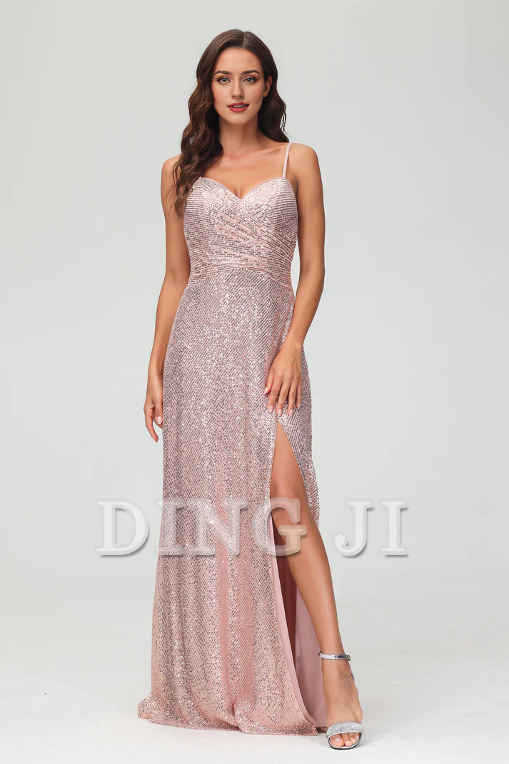 DingJiDress Evening Dress Sweetheart Spaghetti Straps Sequins Sheath Backless Long Dress Side Fork Floor-Length Charming Wedding Guest Dresses