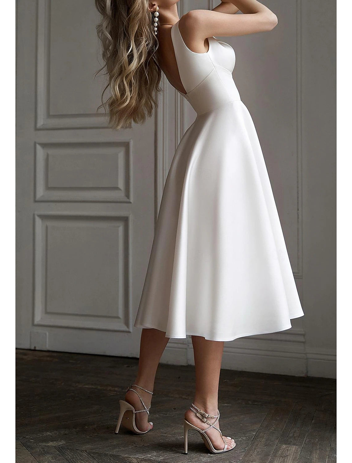 DingJiDress A-Line Cocktail Dresses Elegant Dress Wedding Wedding Guest Tea Length Sleeveless V Neck Satin V Back with Pleats