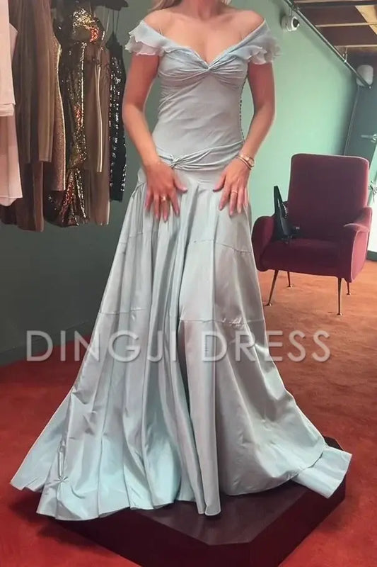 DingJiDress Retro A Line Off the Shoulder Pleated Long with Ruffles Elegant Prom Dress