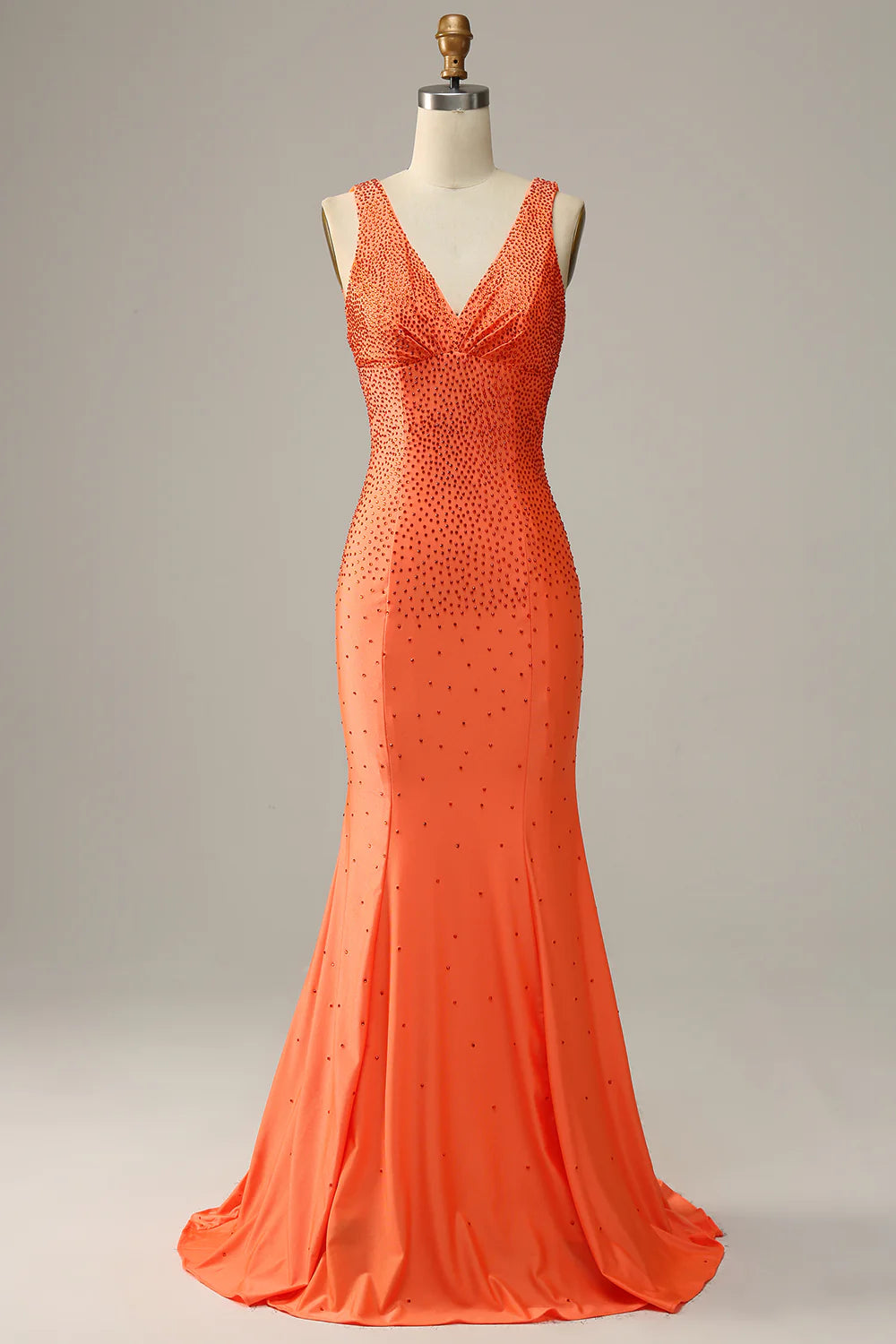 DingJiDress Mermaid V Neck Orange Long Prom Dress with Beading