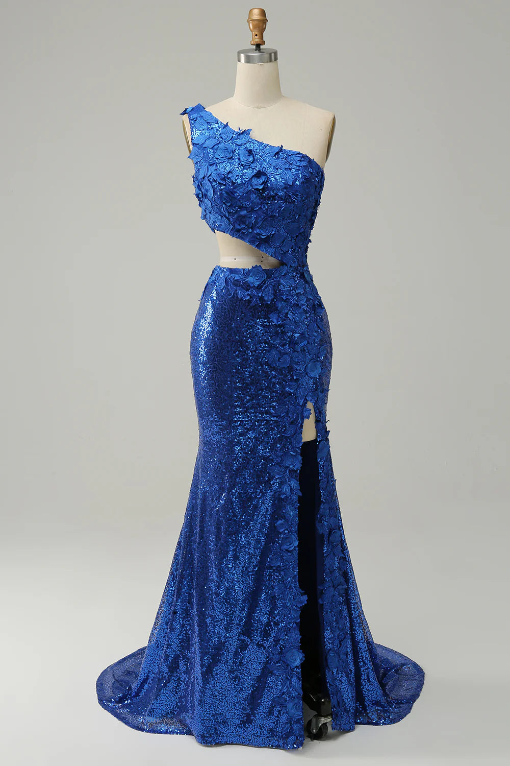 DingJiDress Mermaid One Shoulder Royal Blue Sequins Cut Out Prom Dress with Split Front