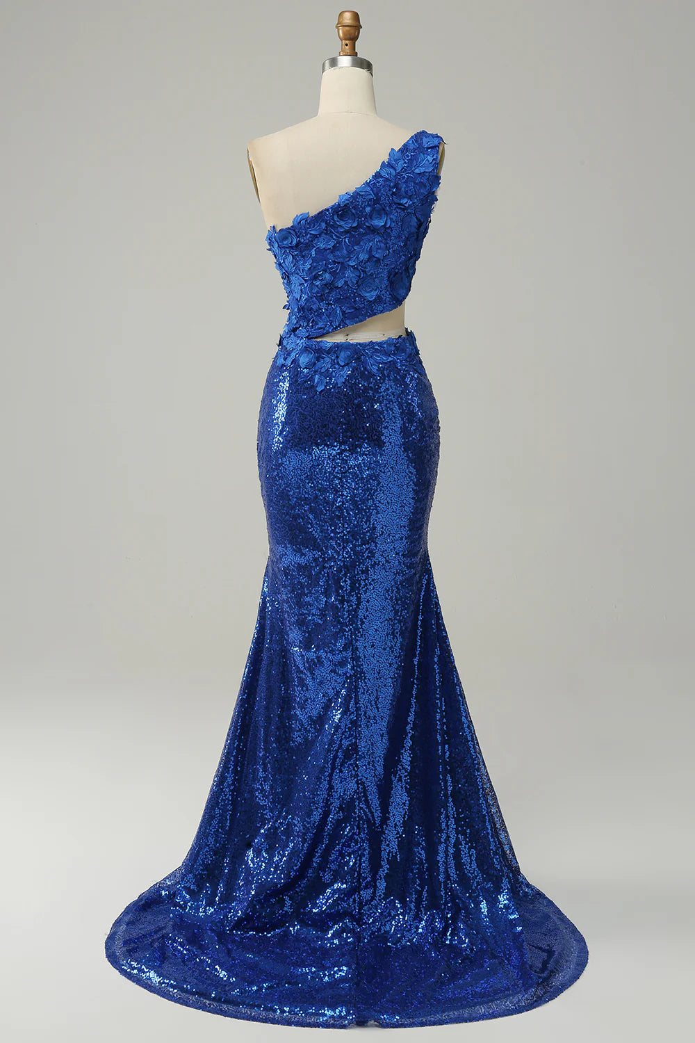 DingJiDress Mermaid One Shoulder Royal Blue Sequins Cut Out Prom Dress with Split Front