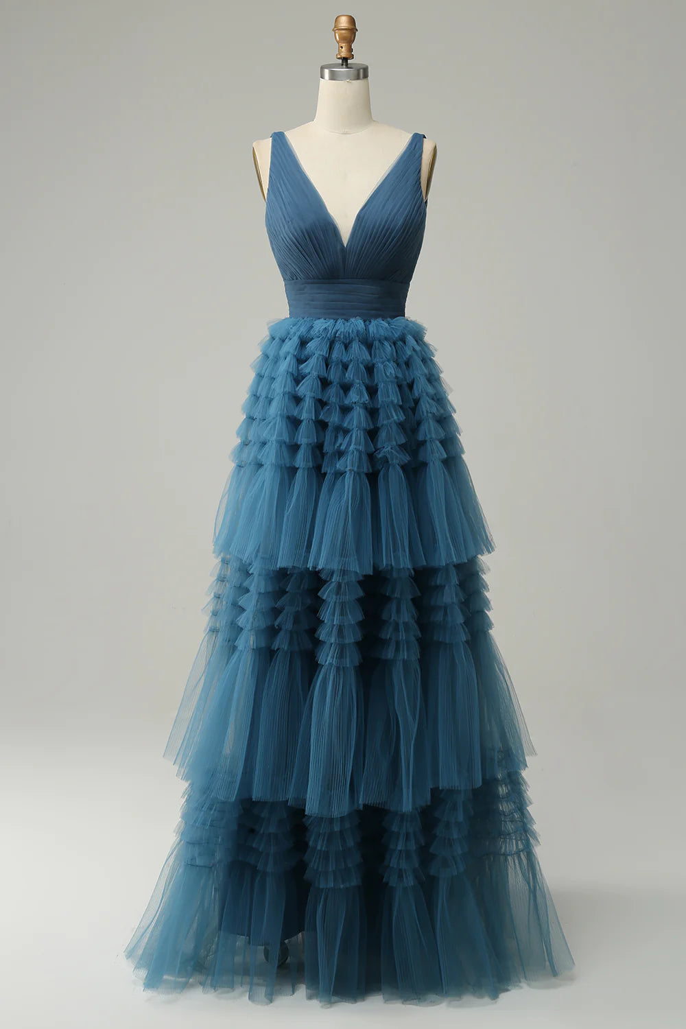 DingJiDress A Line V-Neck Blue Long Prom Dress With Open Back