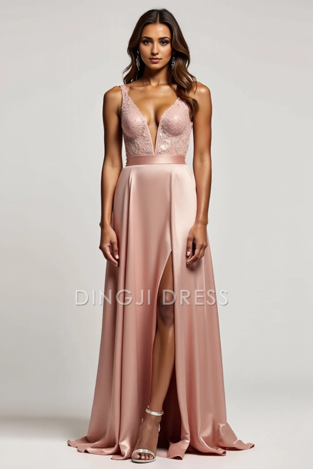 DingJiDress High Quality Dress Exquisite A Line Deep V-Neck Fashion Long With Slit Prom Dress