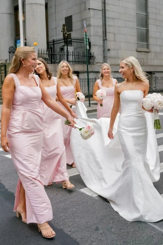Elegant Pink Satin Sheath Wide Shoulder Straps Square Neck Sleeveless With Slit Low Cost Ankle Length Bridesmaid Dresses