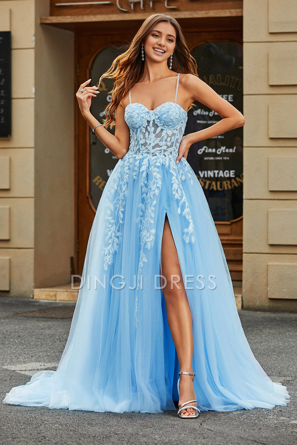 DingJiDress High Quality Dress Tulle A-Line Spaghetti Straps Corset With Appliques Side Fork Long Romantic Prom Dress