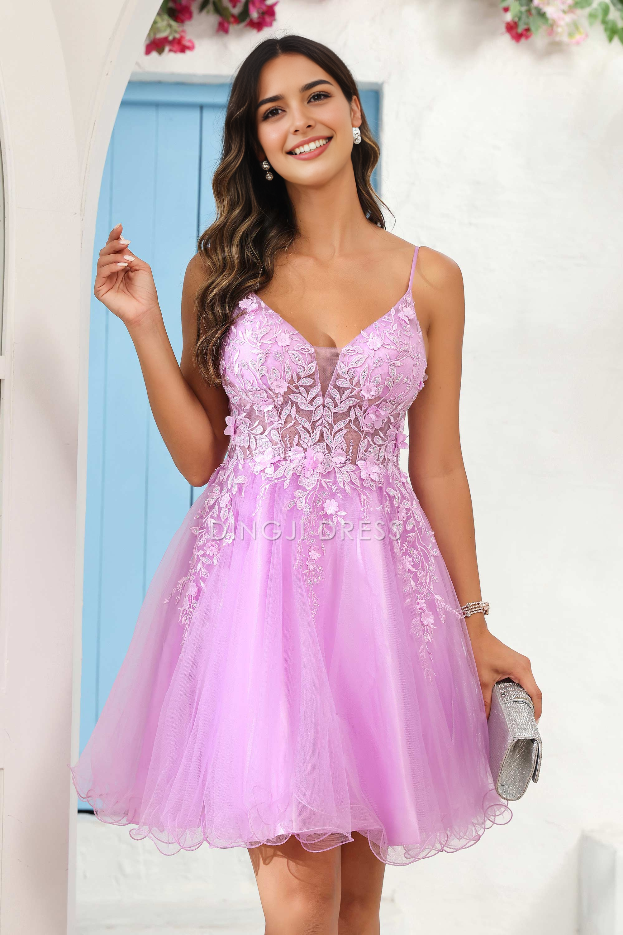 DingJiDress Hot Sale Homecoming Dress Exquisite A Line V Neck See-Through Applique Tulle Backless Mini Dress