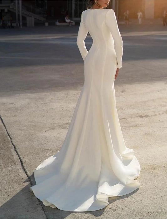 DingJiDress Formal Wedding Dresses Mermaid / Trumpet V Neck Long Sleeve Sweep / Brush Train Chiffon Bridal Gowns With Beading
