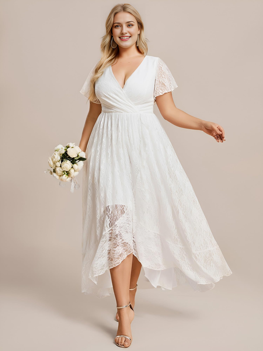 DingJiDress Wedding Dress Princess Lace Short sleeve V Neck Irregular Plus Size Formal Women's Dresses