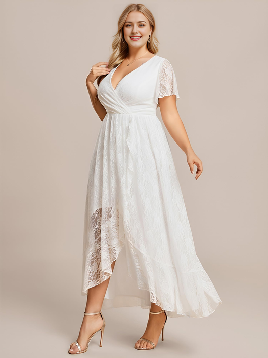 DingJiDress Wedding Dress Princess Lace Short sleeve V Neck Irregular Plus Size Formal Women's Dresses