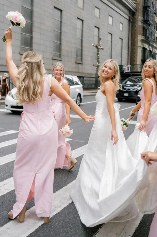 Elegant Pink Satin Sheath Wide Shoulder Straps Square Neck Sleeveless With Slit Low Cost Ankle Length Bridesmaid Dresses