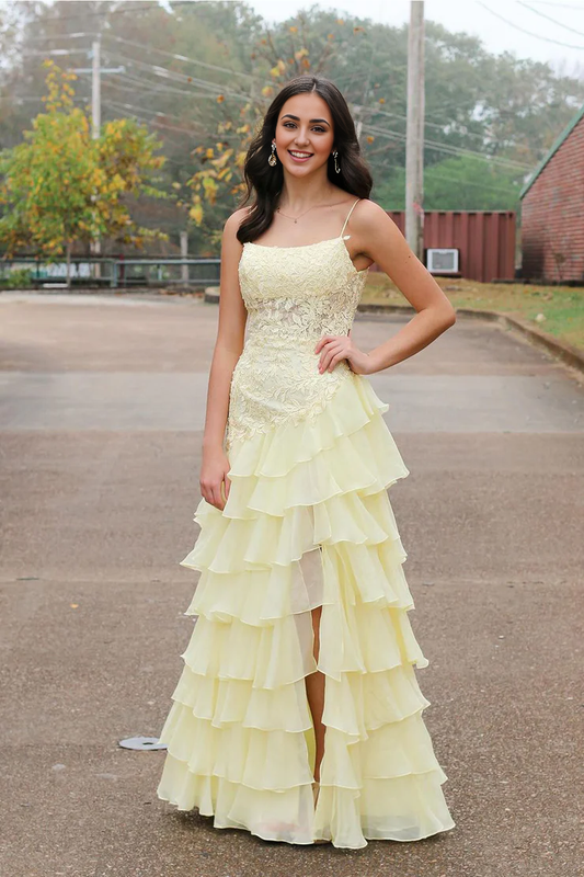 DingJiDress Cute A Line Scoop Neck Chiffon Tiered Lace Applique Long with Slit Prom Dress