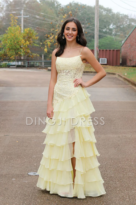 DingJiDress Cute A Line Scoop Neck Chiffon Tiered Lace Applique Long with Slit Prom Dress