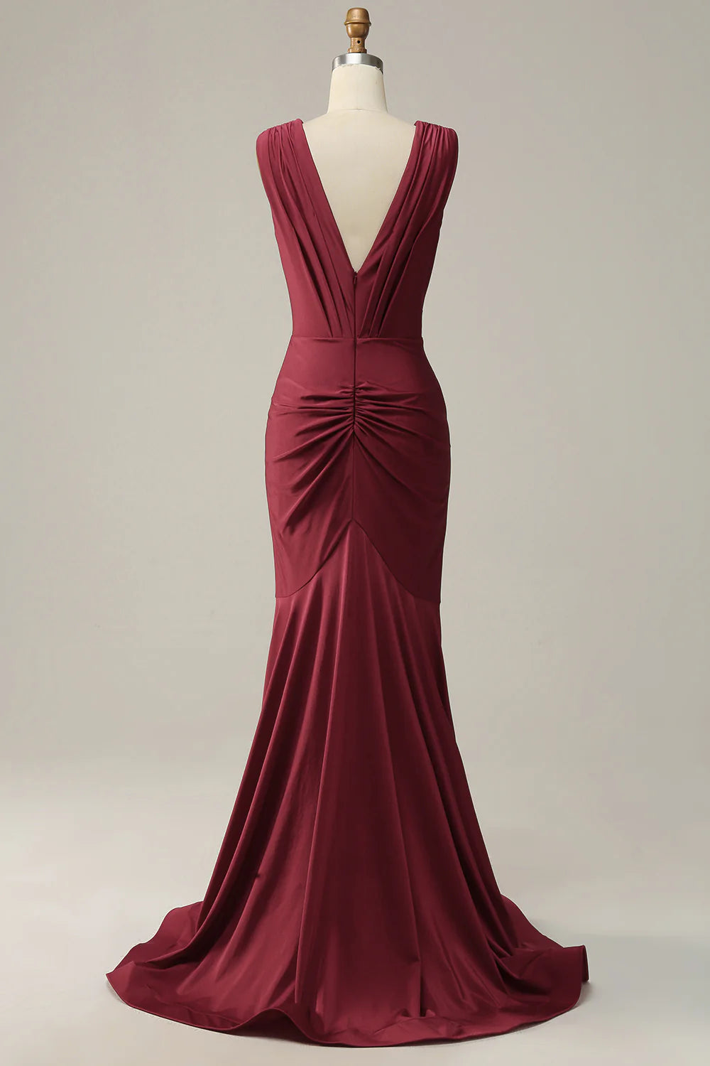 DingJiDress Mermaid Deep V Neck Burgundy Sleeveless Long Prom Dress