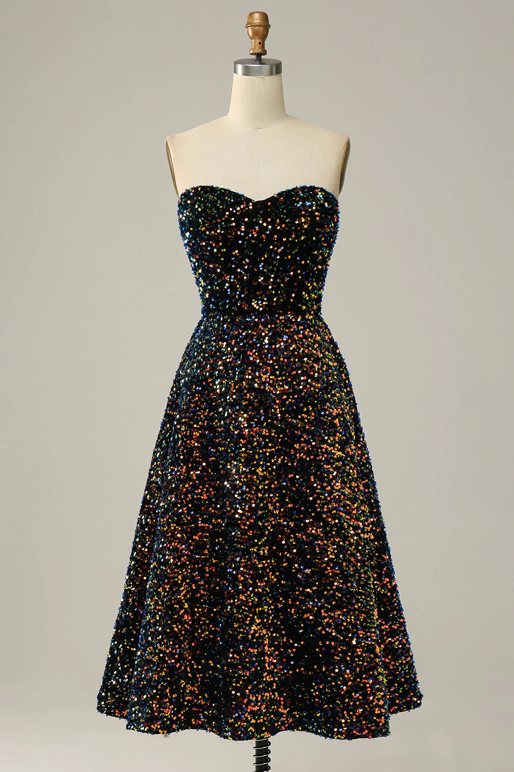 DingJiDress A Line Sweetheart Black Sequins Midi Prom Dress