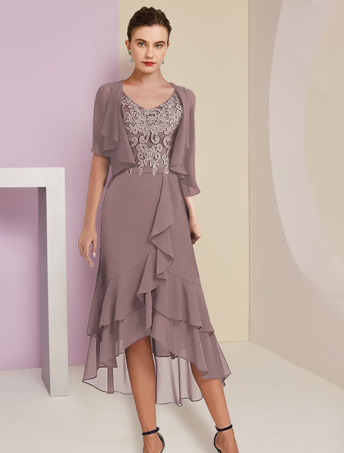 Two Piece A-Line Mother of the Bride Dress Formal Wedding Guest Elegant High Low V Neck Asymmetrical Length Chiffon Lace Short Sleeve Sleeve Wrap Included with Appliques