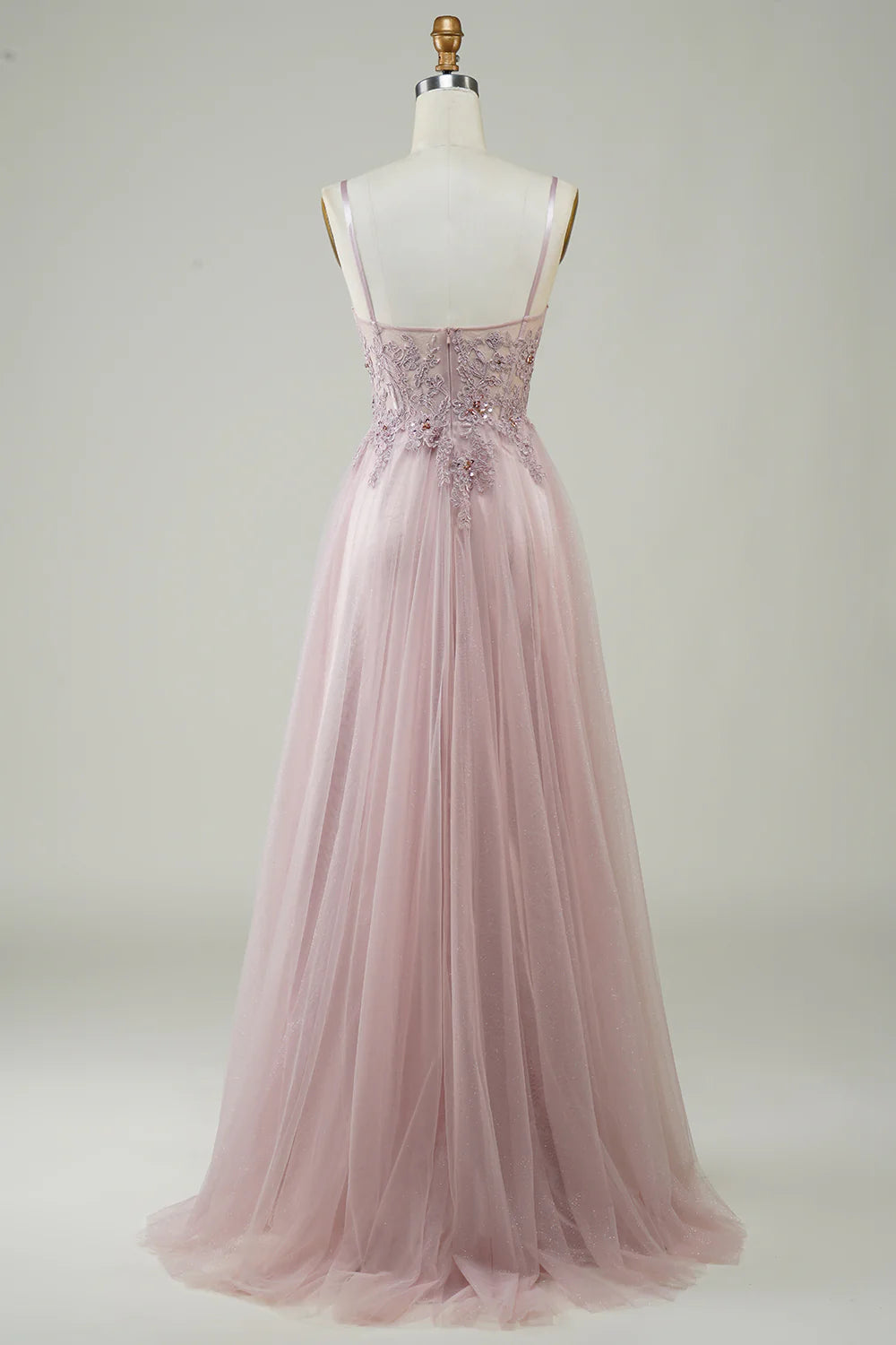 DingJiDress Sparkly Blush A-Line Tulle Long Prom Dress with Lace