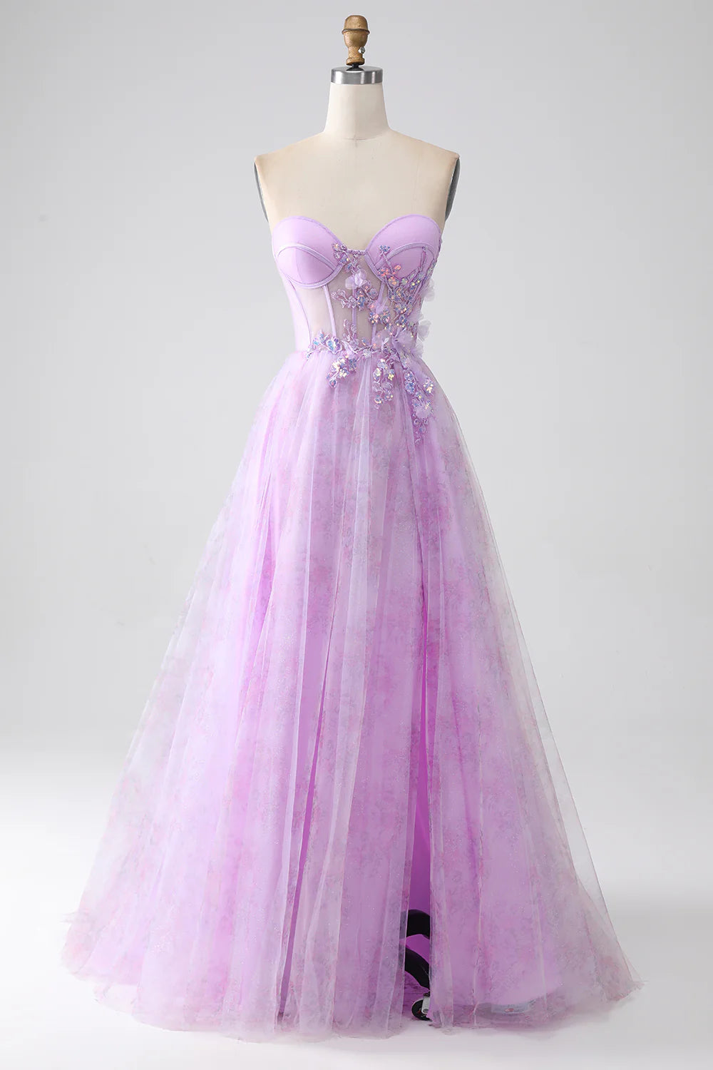 DingJiDress Lavender Printed Strapless Corset Prom Dress with Beading