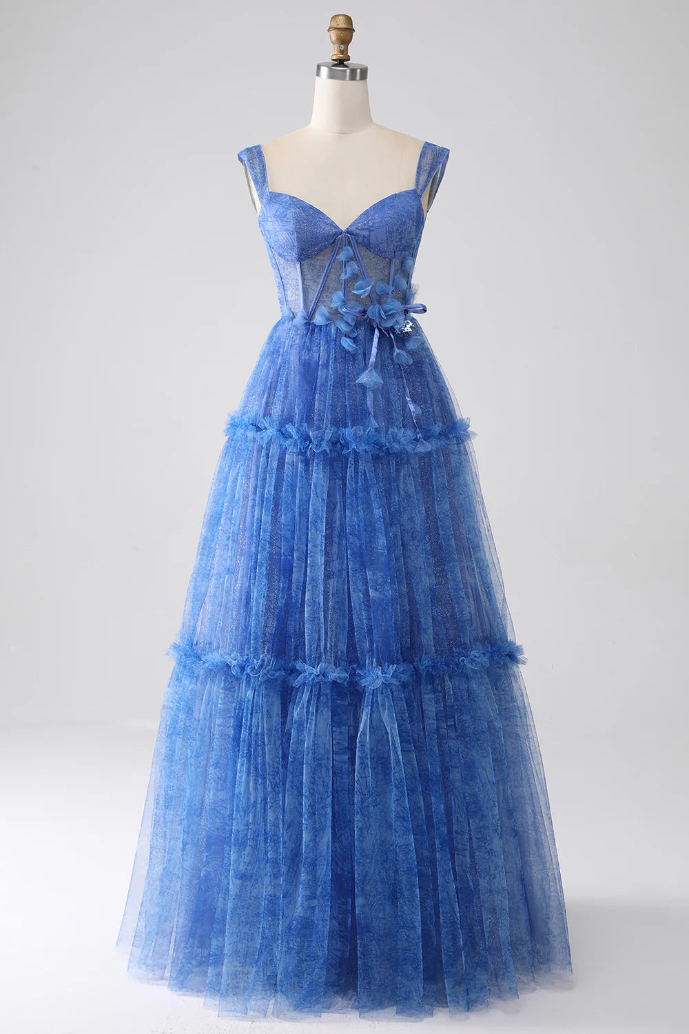 DingJiDress Blue Printed A Line Tulle Corset Prom Dress