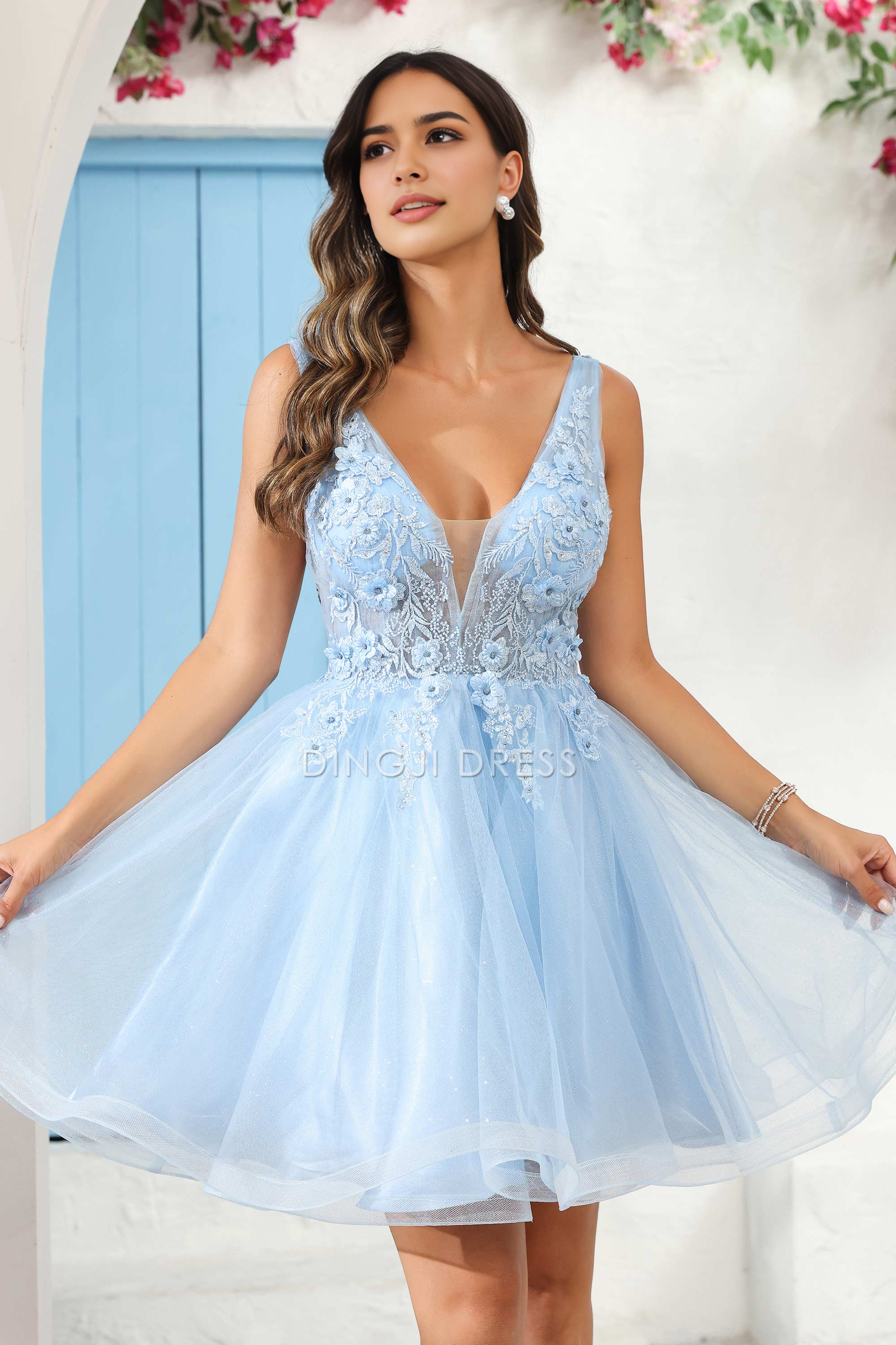 DingJiDress Hot Sale Homecoming Dress Elegant A Line Deep V Neck Sleeveless 3D Floral Applique Beaded Fashion Mini Dress