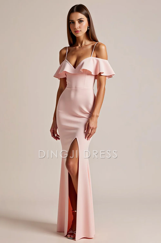 DingJiDress High Quality Dress Elegant Spaghetti Strap Cold Shoulder Ruffled Fashion Long With Slit Prom Dress